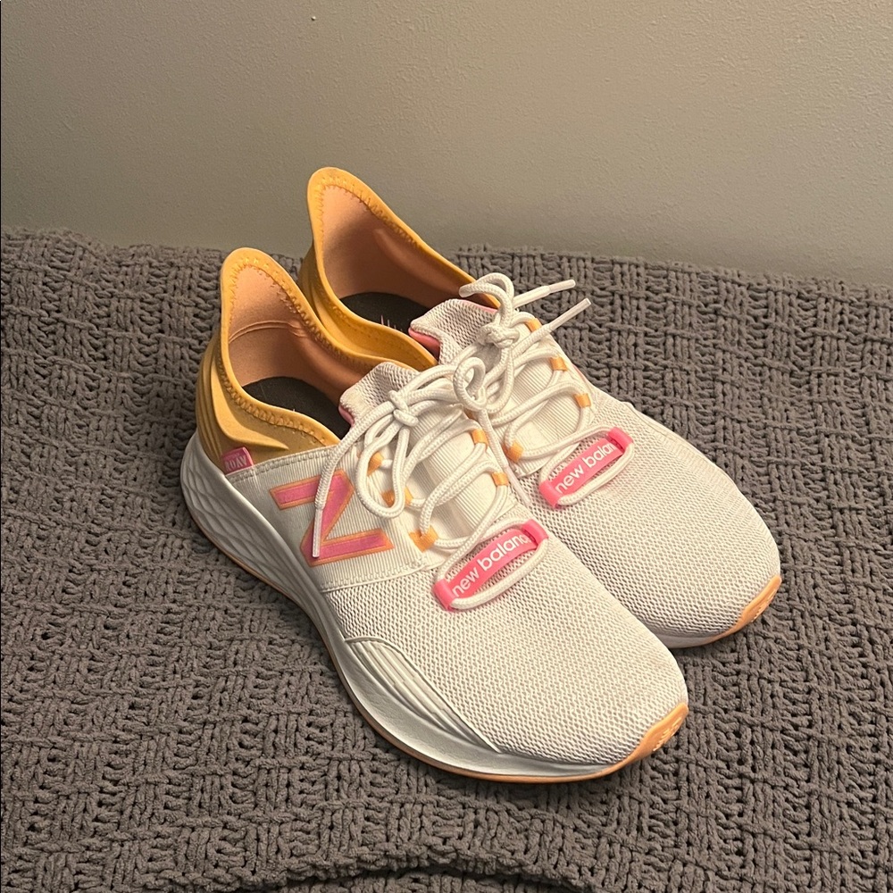 New Balance Women's White and Pink Sneakers with Yellow Accents